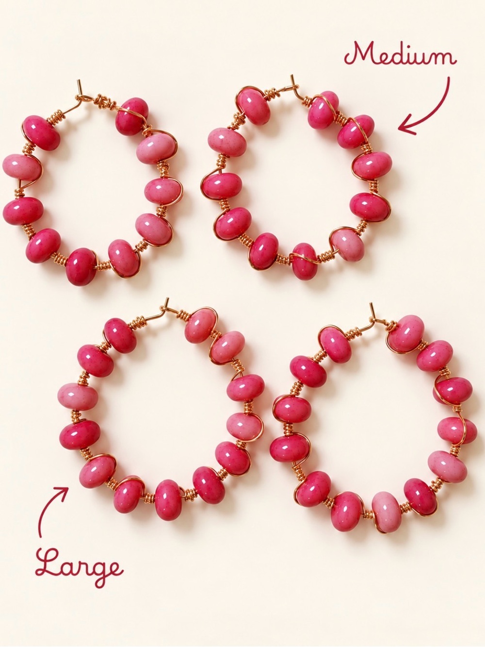 Handmade Pink Beaded Hoop Earrings with Gold-Tone Wire LARGE